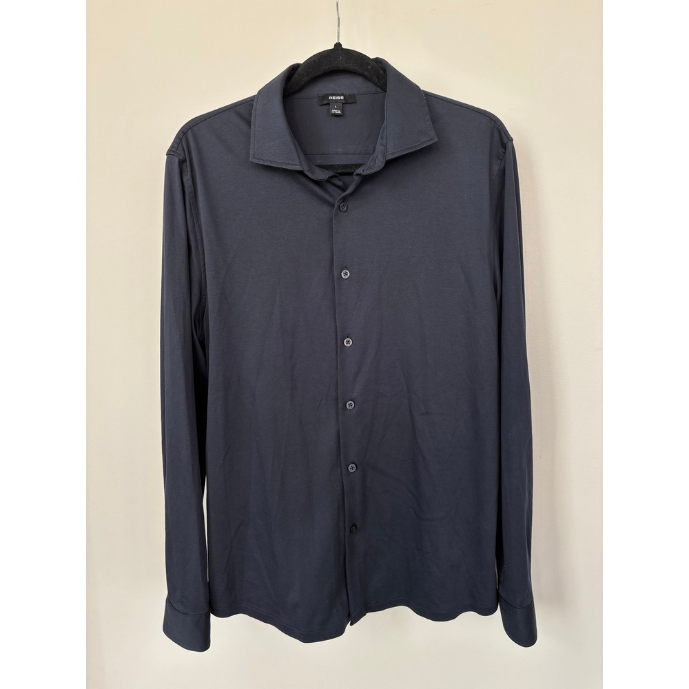 Reiss Duke Mens Large Navy Blue Cotton Jersey Long Sleeve Button Down Shirt